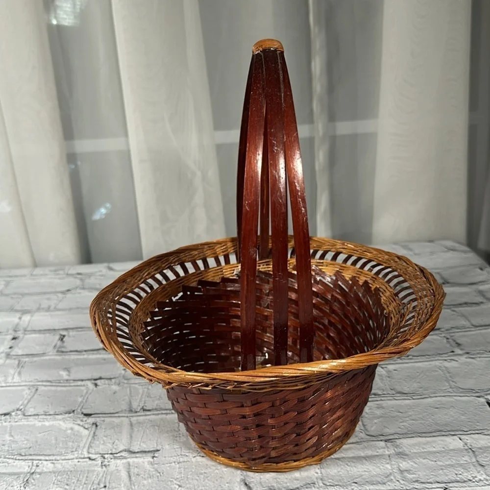 Vintage Wicker Woven Boho Two Tone Basket with handle
